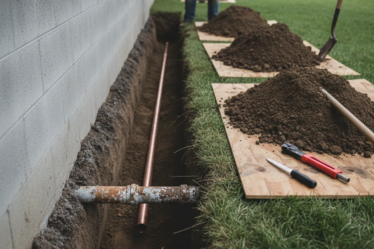 Excavated water line trench during Sewer Line Repair in Benedict